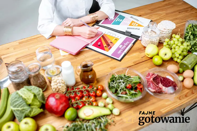 Kobieta notuje coś na planszach z kolorowymi wykresami, kobieta siedzi przy stole zastawionym warzywami i owocami, ile kalorii powinno być w diecie warzywno-owocowej
