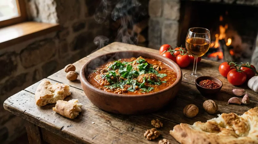 Aby chakhokhbili miało głęboki smak, duś kurczaka powoli na małym ogniu i dodaj orzechy dopiero pod koniec gotowania Gruzińskie Chakhokhbili