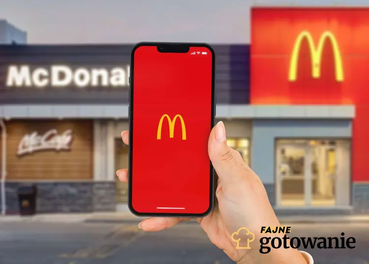 Dłoń trzymająca telefon, na którym włączona jest aplikacja mobilna McDonald's.