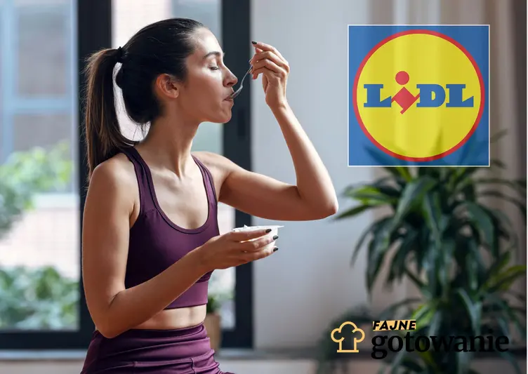 Kobieta jedząca jogurt oraz logo Lidla, a także 6 ciekawych produktów wysokoproteinowych