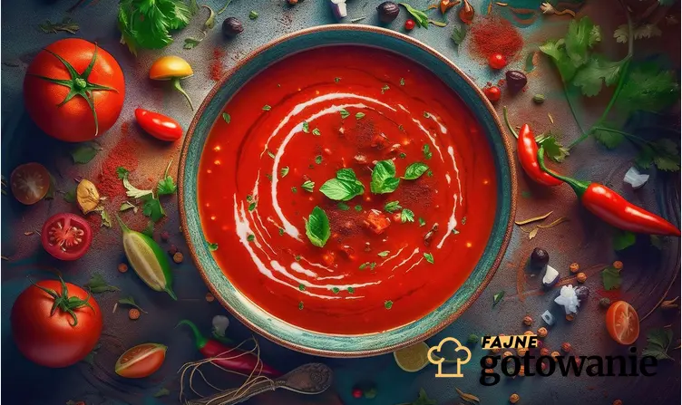 Widok z góry na miskę z zupą krem z pomidorów, wokół leżą pomidory i przyprawy