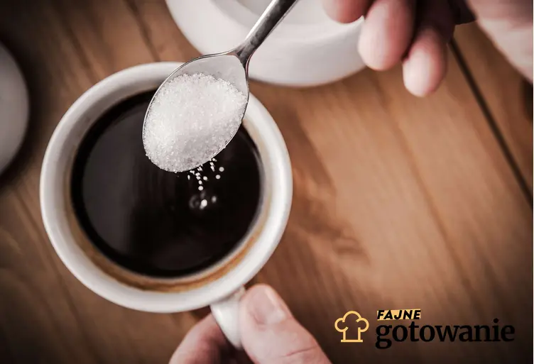 Widok z góry jak ktoś wsypuje łyżeczke cukru do kawy, jak ograniczyć ilość cukru w diecie