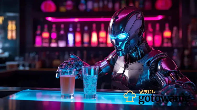 Robot stojący przy barze. Na barze stoją dwa kieliszki z alkoholem.