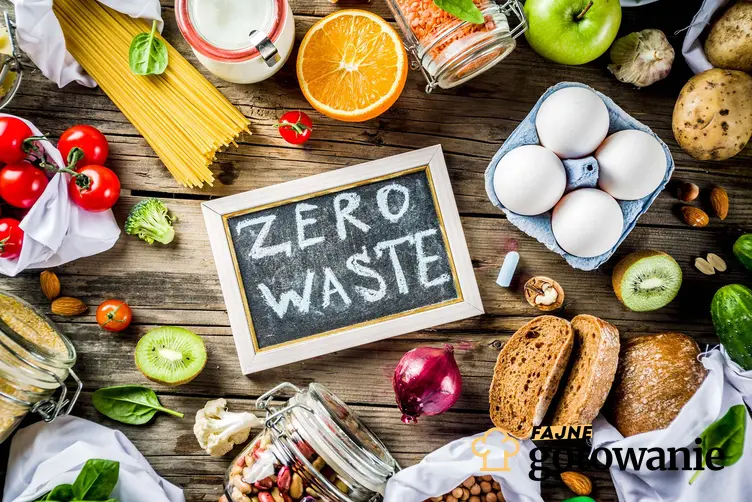 Na tabliczce widnieje napis zero waste. Dookoła ułożone są produkty spozywcze.