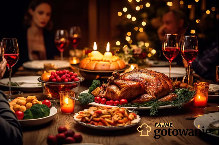 Zastawiony stół podczas imprezy, widać różne potrawy, a także wino w lampkach, w tle są widoczne osoby, a także 5 przepisów na wyjątkowy obiad na imprezę
