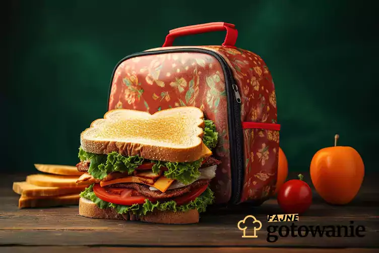 Plecak szkolny, przed którym stoi kanapka, obok są owoce i przekąski, a także 5 przepisów na zdrowe drugie śniadanie dla dziecka do szkoły
