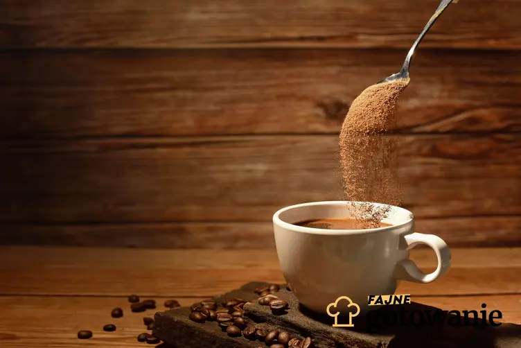 Filiżanka kawy stoi na desce, do niej wsypywana jest kawa instant z łyżeczki, wokół leżą ziarna kawy, a także czy kawa rozpuszczalna jest zdrowa?