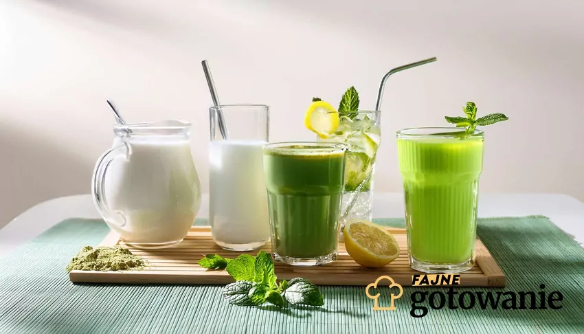 Zielona herbata, kefir, kombucha i matcha ustawione na stole