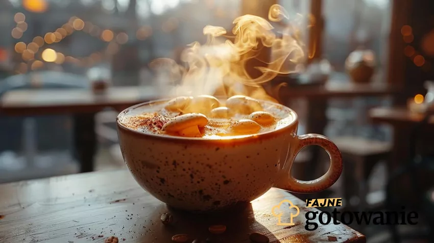 Filiżanka kawy, w środku grzyby, kawa paruje