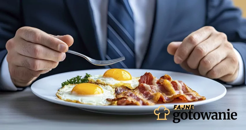 Decydując się na dietę keto warto zwrócić uwagę nie tylko na to, o czym mówią jej propagatorzy Mężczyzna w garniturze siedzi przy talerzu, na którym są jajka i boczek