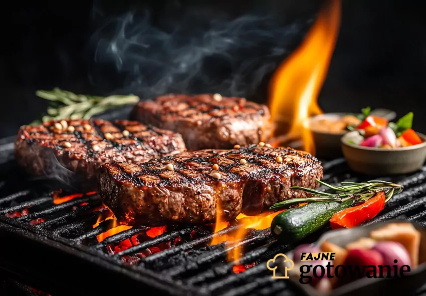 Kapiący z mięsa tłuszcz powoduje powstawanie rakotwórczego związku Mięso grillowane na grillu, ogień dotyka mięsa