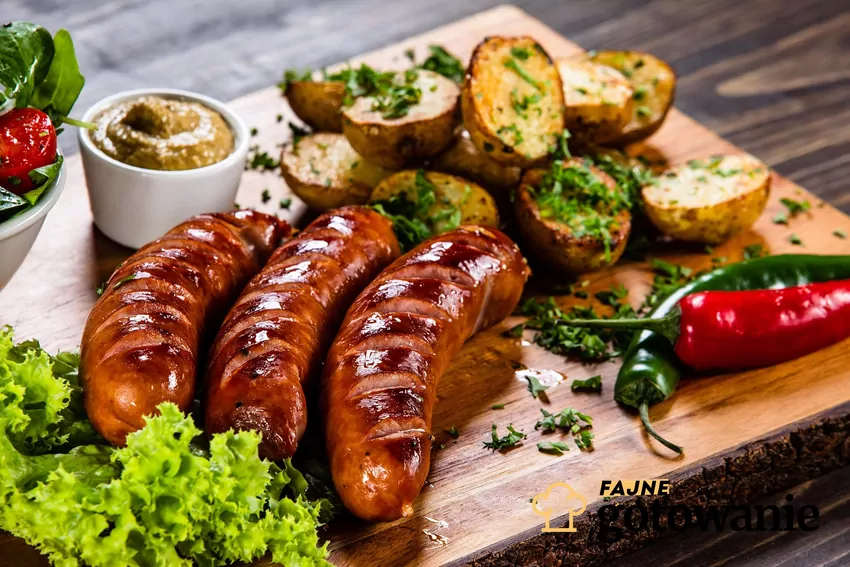 Kiełbasa podsmażona z dodatkami na talerzu
