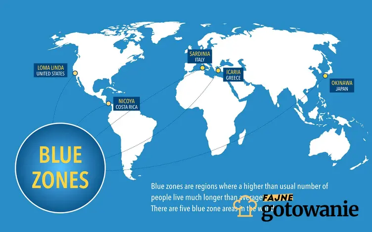 Niebieskie Strefy zaznaczone na mapie świata, a także czym są Niebieskie Strefy