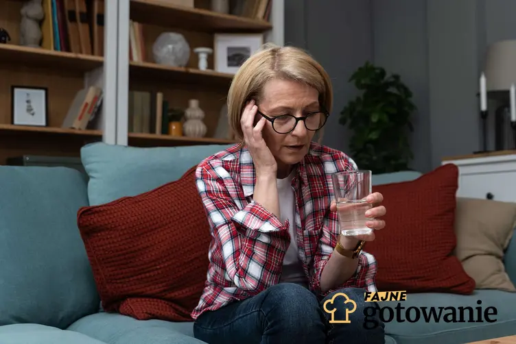 Kobieta siedzi na kanapie, w jednej ręce trzyma szklankę wody, drugą trzyma się za głowę, a także czym jest przesilenie wiosenne