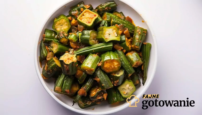 Okra ma delikatny smak, nieco przypominający cukinię i zieloną fasolkę. Danie z okry na białym talerzu