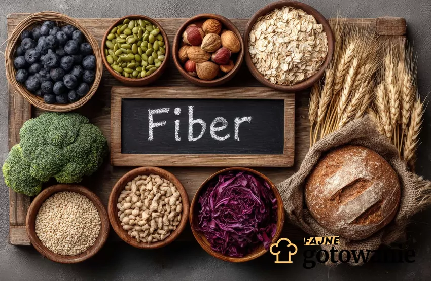 Na środku napis Fiber, wokół produkty dostarczające błonnika