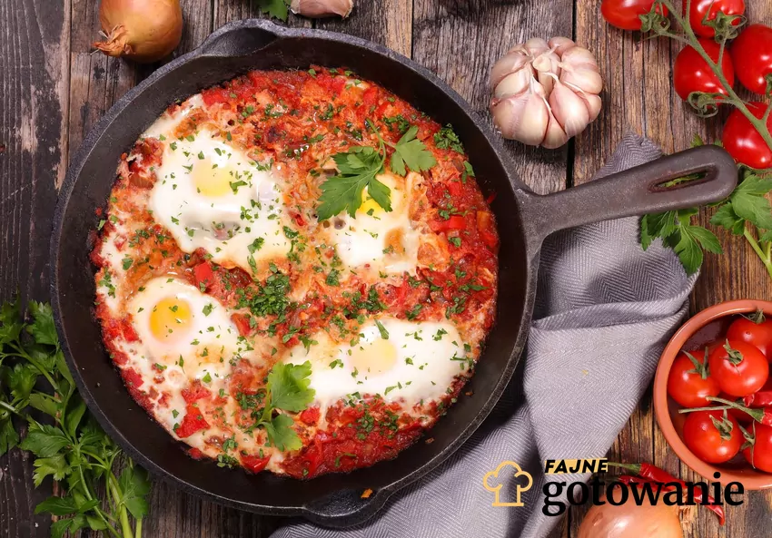 Podróżując po smakach, możesz odkryć, że oszczędność nie odbiera przyjemności jedzenia. Shakshuka w czarnej patelni żeliwnej ułożona wśród różnych produktów
