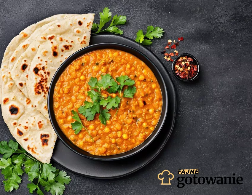 Dhal to sycąca, aromatyczna zupa z Indii przygotowana z tanich produktów Dhal w czarnej misce, obok indyjski chlebek
