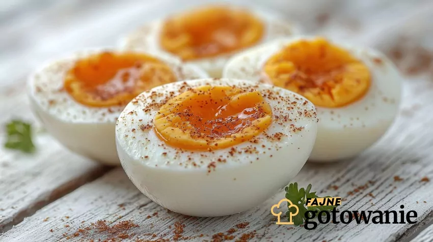 Jajka przekrojone na pół, ułożone na talerzu i posypane przyprawami