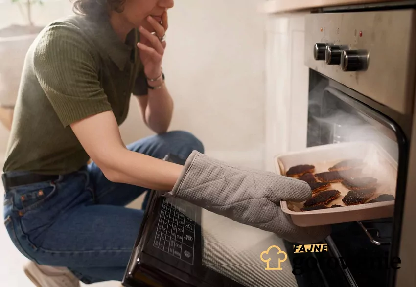 Kobieta wyciągająca z piekarnika dymiące danie