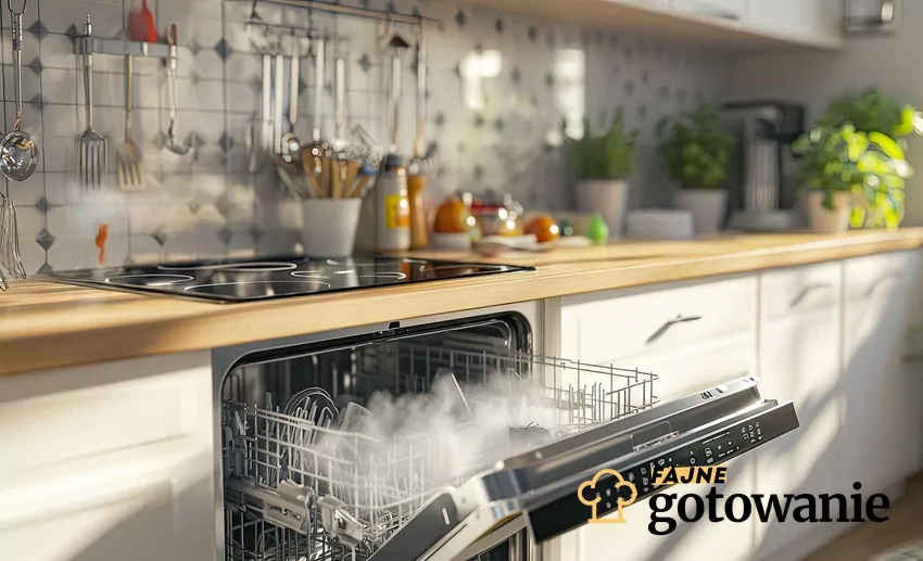 Choć brzmi zabawnie, gotowanie w zmywarce może nie być najlepszym rozwiązaniem Zdjęcie kuchni z otwartą zmywarką, z której unosi się para wodna