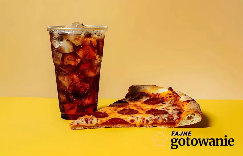 Cola w szklance z lodem, obok kawałek pizzy