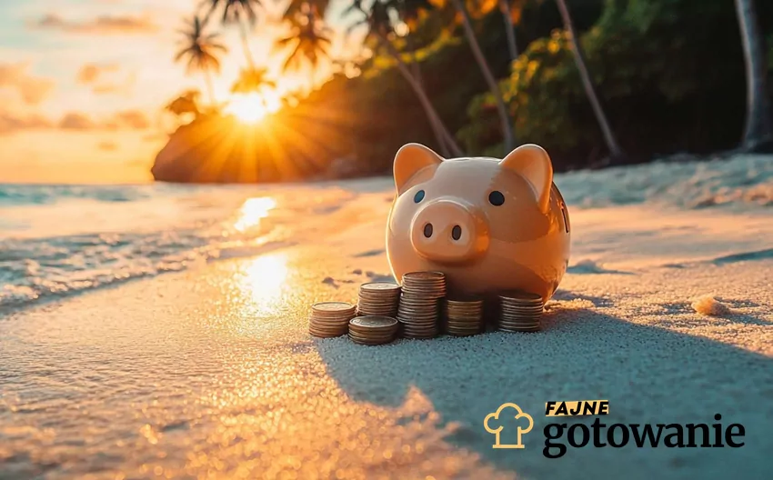 Szczególnie w czasach, gdy wszystko jest drogie oszczędzanie to bardzo dobra cecha Świnka skarbonka ustawiona na pięknej plaży