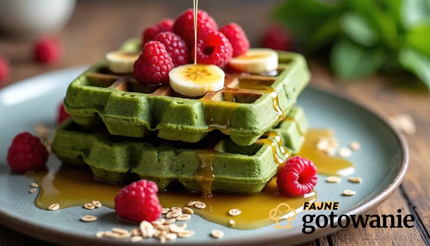 Gofry szpinakowe polane miodem i podane z owocami