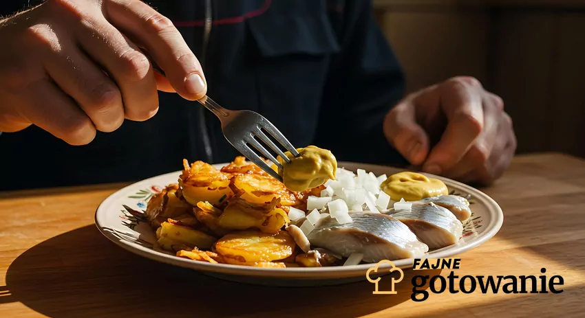 Jedzenie ziemniaków smażonych i śledzi