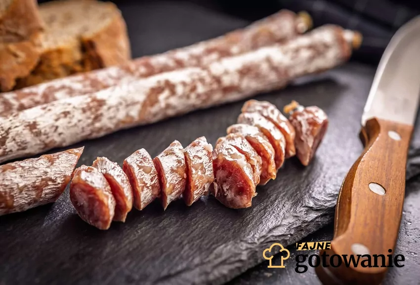 Kiełbasa pokrojona w plasterki, ułożona na desce