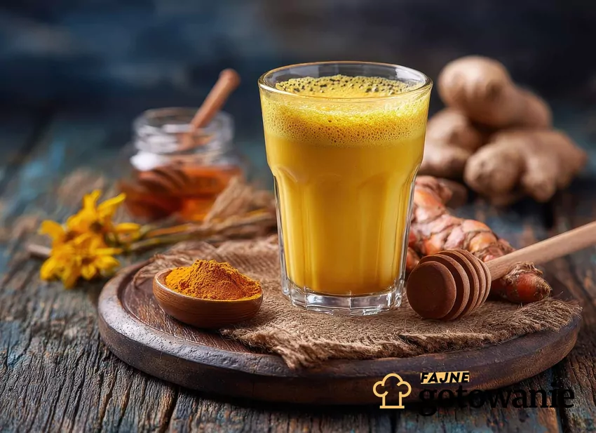 Golden latte w szklance, ustawione na drewnianej desce wśród przypraw