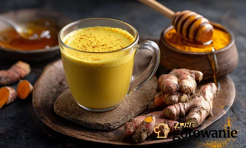 Golden latte w szklance, ustawione na drewnianej desce wśród przypraw