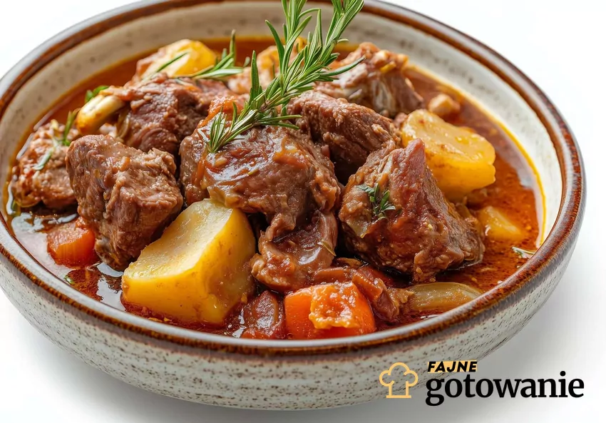 Danie mięsne w sosie z warzywami podane w miseczce