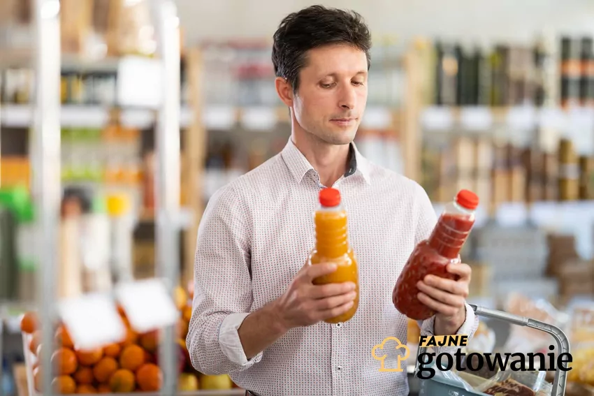 Mężczyzna porównuje skład soków