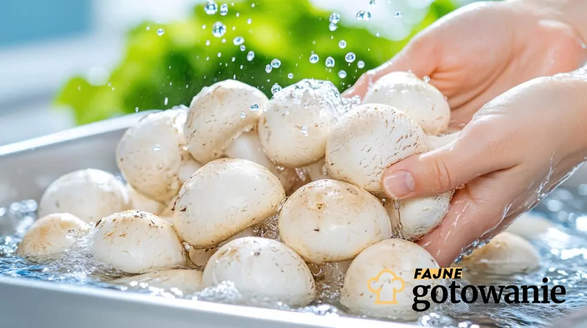 Mycie pieczarek pod wodą