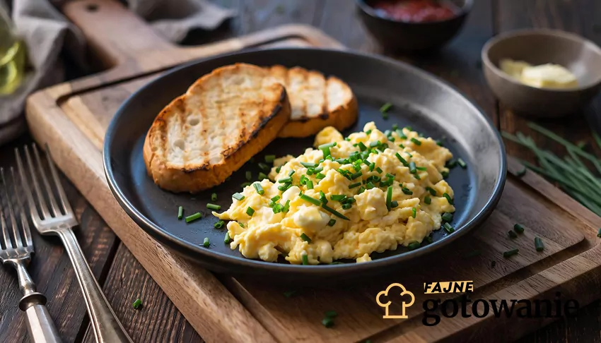 Jajecznica na talerzu, obok tosty