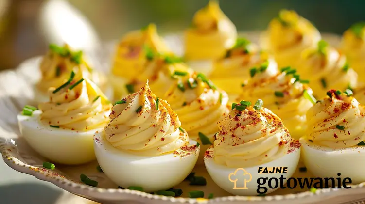 Pięknie udekorowane jajka posypane przyprawami i szczypiorkiem ułożone na salaterce, a także przepisy na jajka Wielkanocne