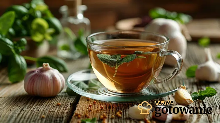 Zaparzona herbata ziołowa w szklanej filiżance, w tle są zioła, czosnek i przyprawy, a także informacje na temat ziół i przypraw, które zmniejszają ciśnienie krwi