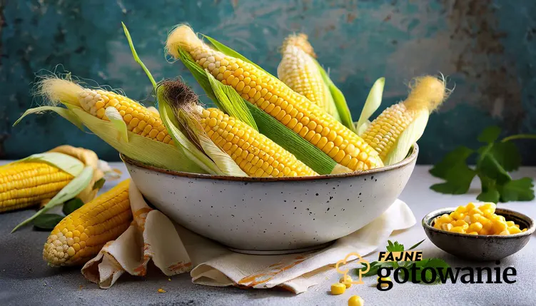 Świeże kolbu kukurydzy umieszczone w misce oraz obok na stole, obok również leży miska z ziarnami kukurydzy, a także przepisy na kukurydzę