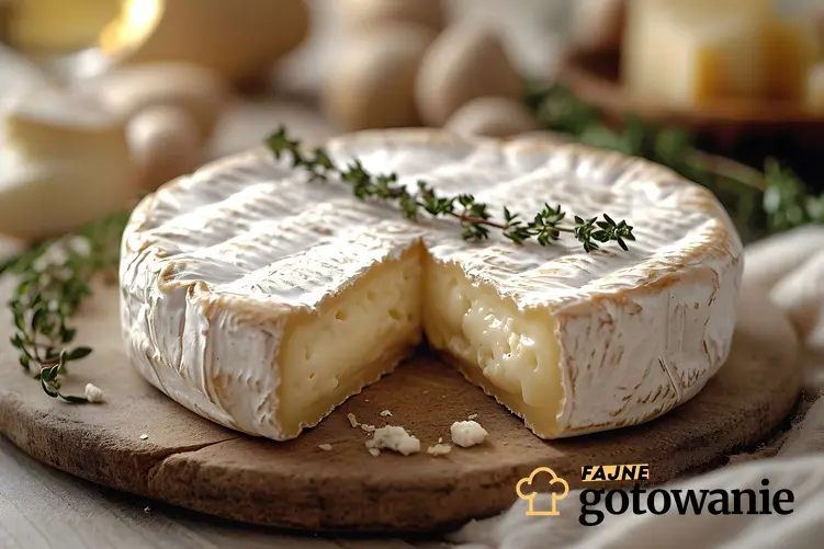 Ser pleśniowty ułożony na desce do krojenia, z sera camembert wycięt jest kwawałek w kształcie trójkąta, widać przekrój, a także przepisy na dania z serem pleśniowym