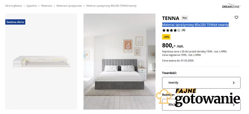 Materac sprężynowy 80x200 TENNA twardy w obniżonej cenie Jysk - gazetka