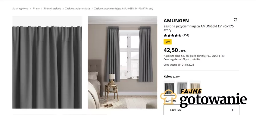 Zasłona przyciemniająca AMUNGEN 1x140x175 taniej o 61% Jysk - gazetka