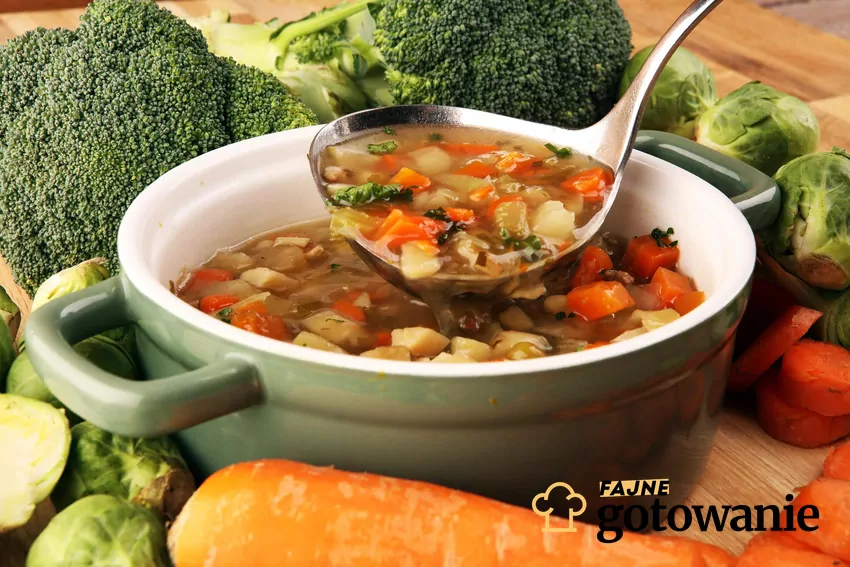 Zupa jarzynowa w garnku i na łyżce wazowej