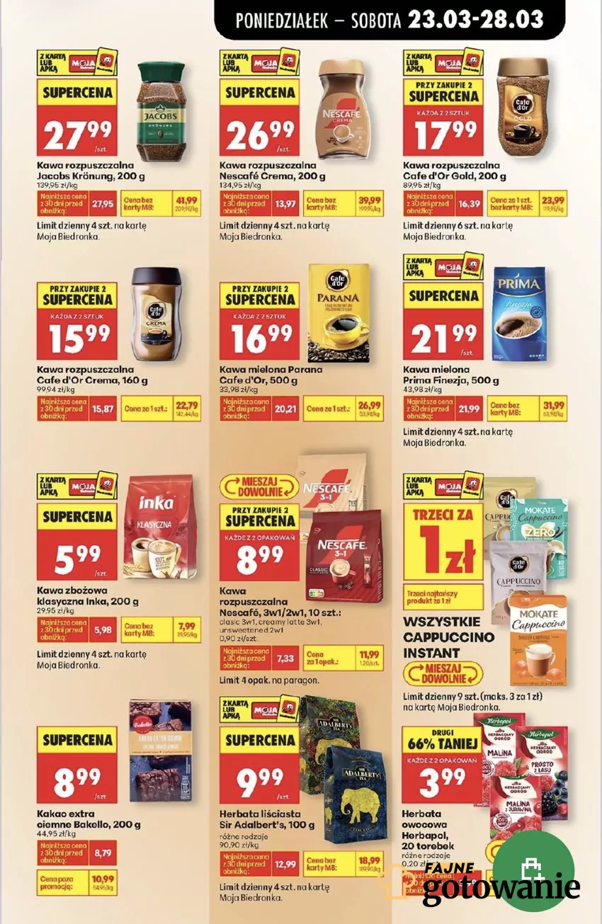 Kawa rozpuszczalna Jacobs Kronung bez promocji kosztuje 41,99 zł, więc aktualnie jest taniej o 14 zł/szt. Promocje w Biedronce