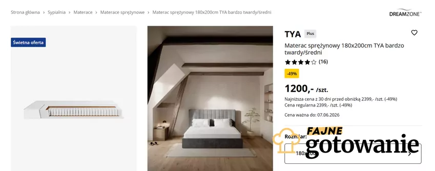 Materac sprężynowy 180x200cm TYA bardzo twardy/średni przeceniony o 49% Jysk - gazetka
