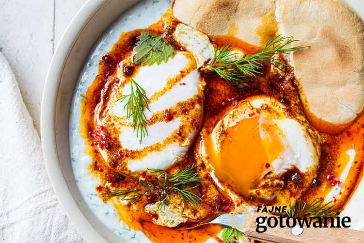 Widok z góry na jajka po turecku, a także przepisy na jajeczne potrawy idealne na kolacje