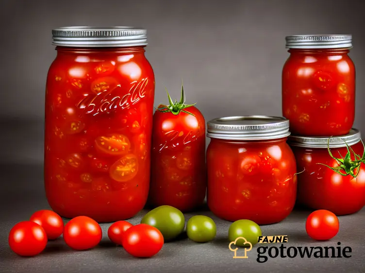 Pomidory w kawałkach na zimę znajdują się w słoikach.