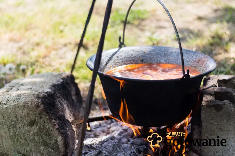 Kociołek węgierski przygotowywany nad ogniskiem.