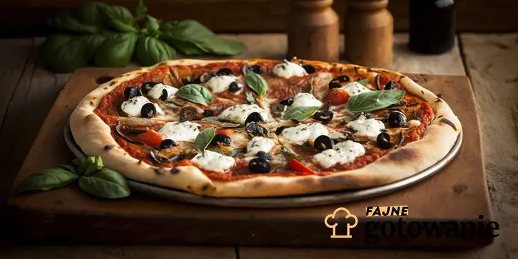 Pizza z anchois podana na drewnianym blacie z bazylią.