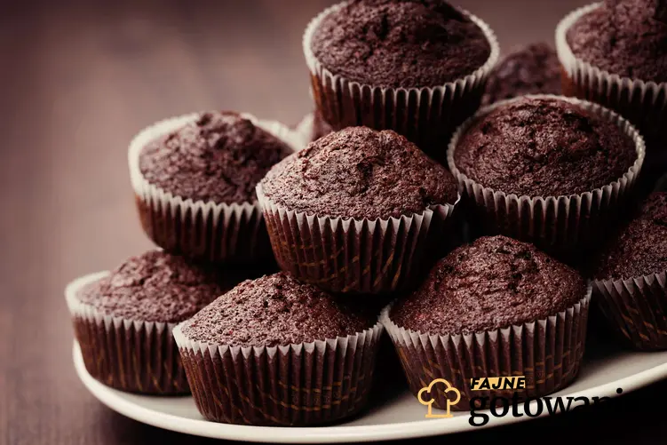 Muffinki czekoladowe są ułożone warstwowo na białym talerzu.